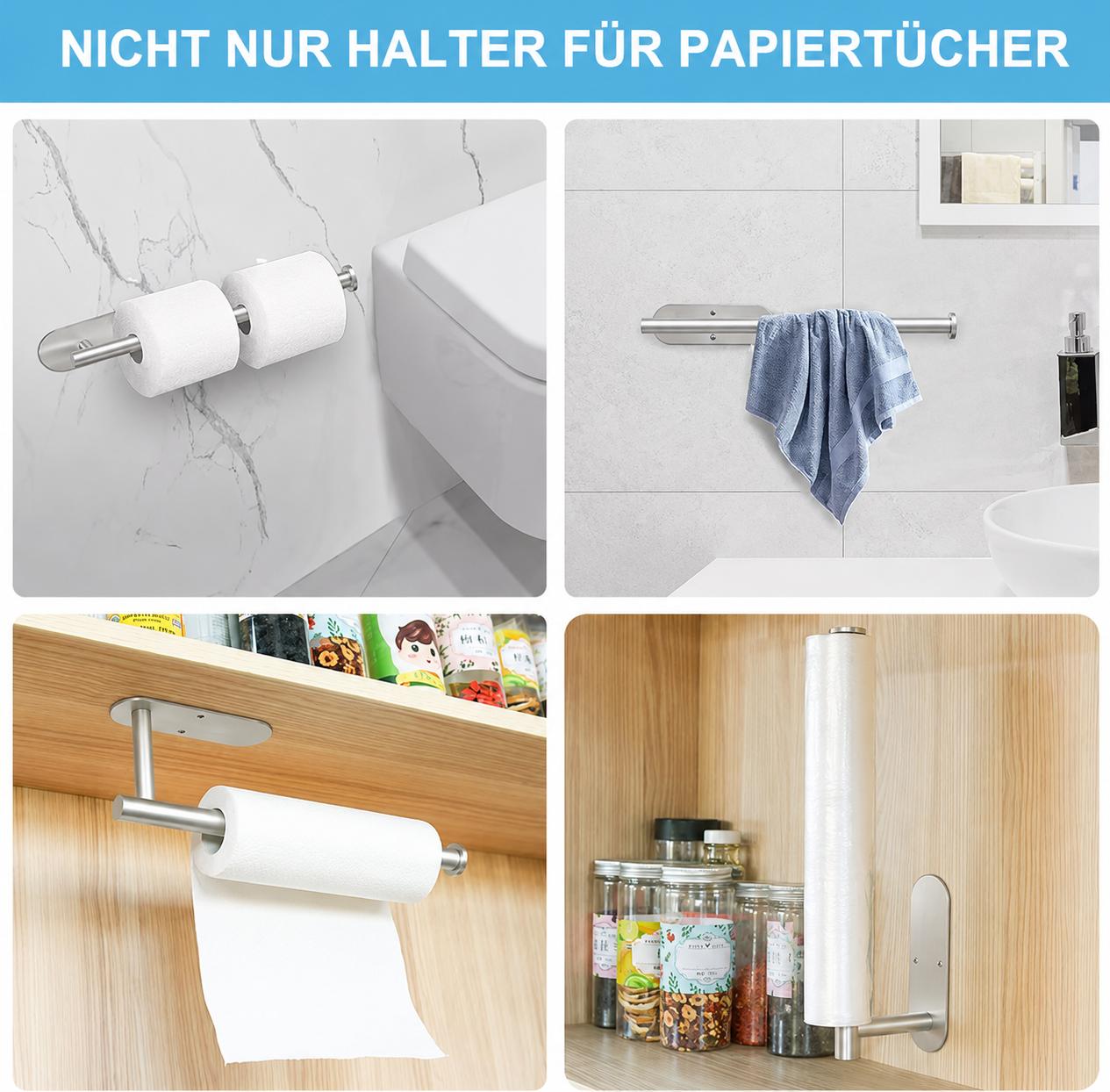 Küchenrollenhalter Silber Edelstahl zum Kleben oder Bohren Handtuch Wand Halter