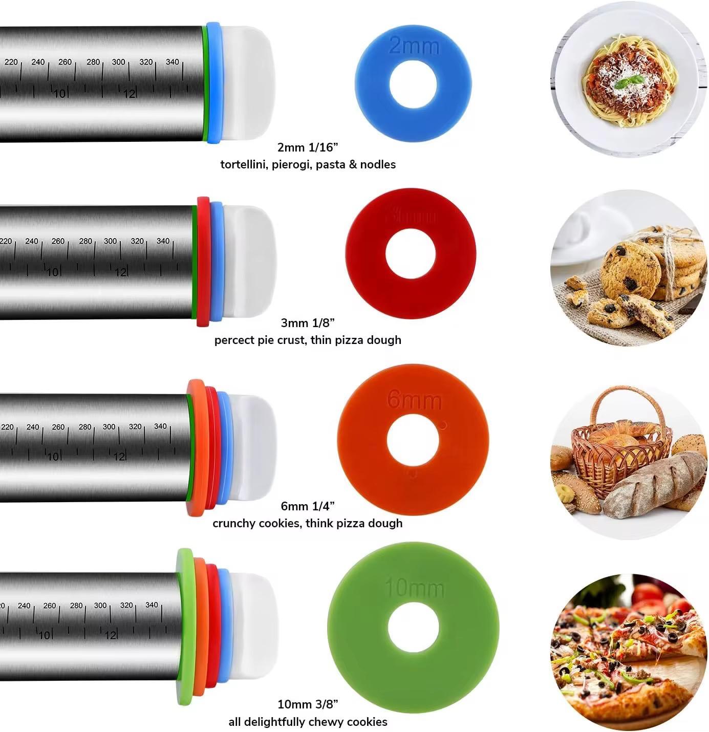 Verstellbares Nudelholz Edelstahl mit Silikonringen & Skala Teigroller Pizza &co