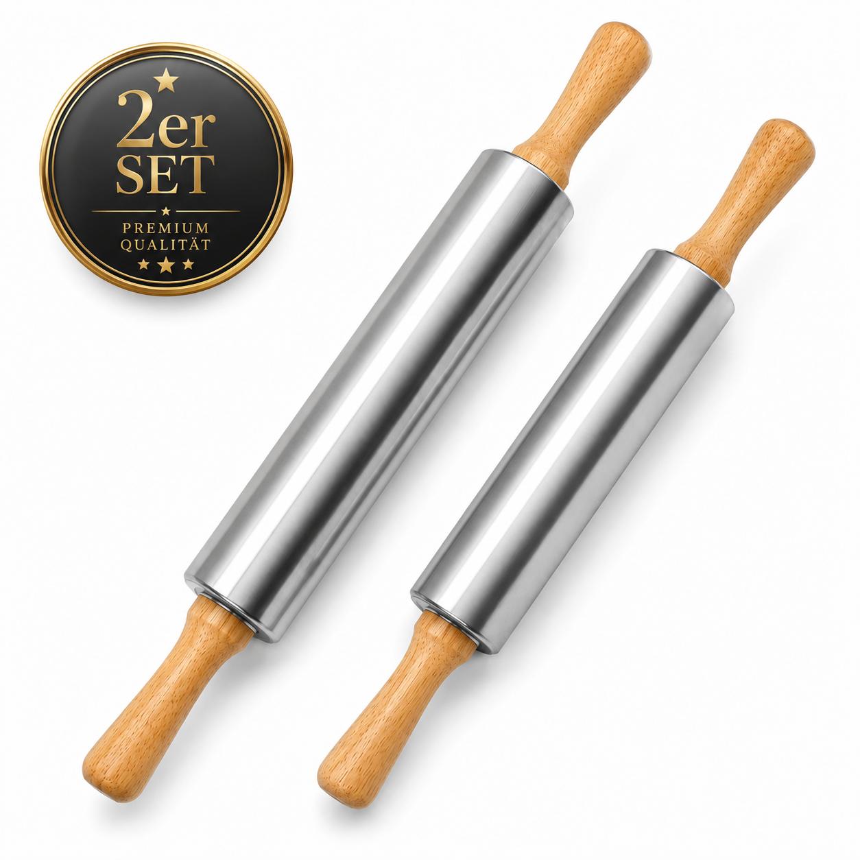 Nudelholz Edelstahl Set Teigroller mit Holzgriff Pizza Pasta & co Teig