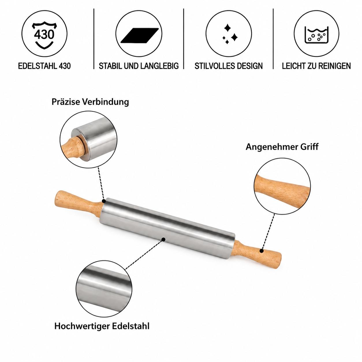 Nudelholz Edelstahl Set Teigroller mit Holzgriff Pizza Pasta & co Teig
