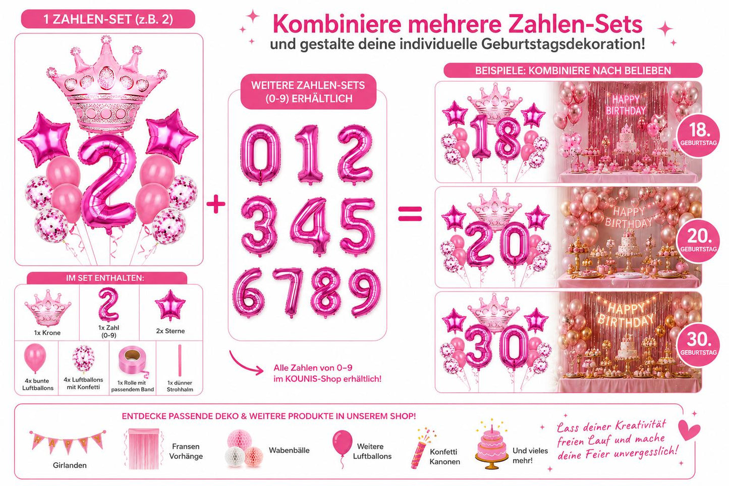 Geburtstags Luftballon Set Zahl 0-9 Krone Sterne Ballons Kinder Geburtstag Deko