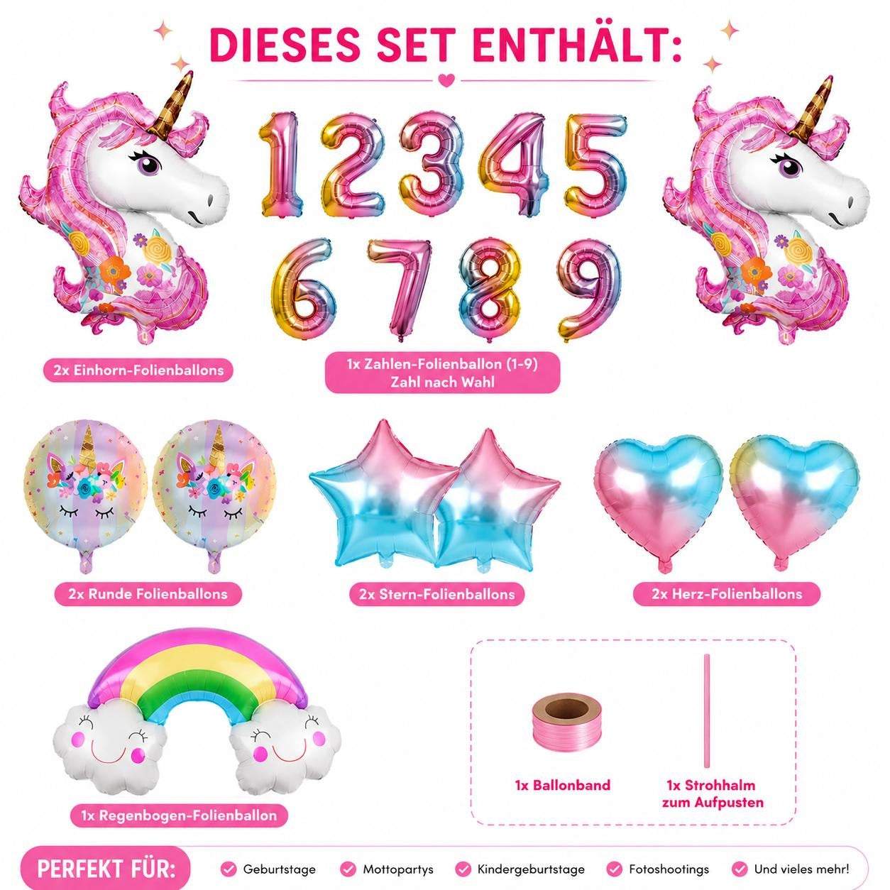 Einhorn Ballon Set Zahl 1-9 Geburtstag Deko Regenbogen, Herz & Stern Ballons