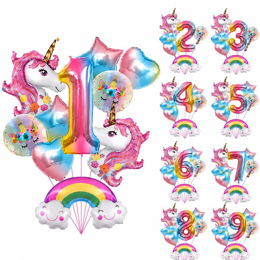Einhorn Ballon Set Zahl 1-9 Geburtstag Deko Regenbogen, Herz & Stern Ballons