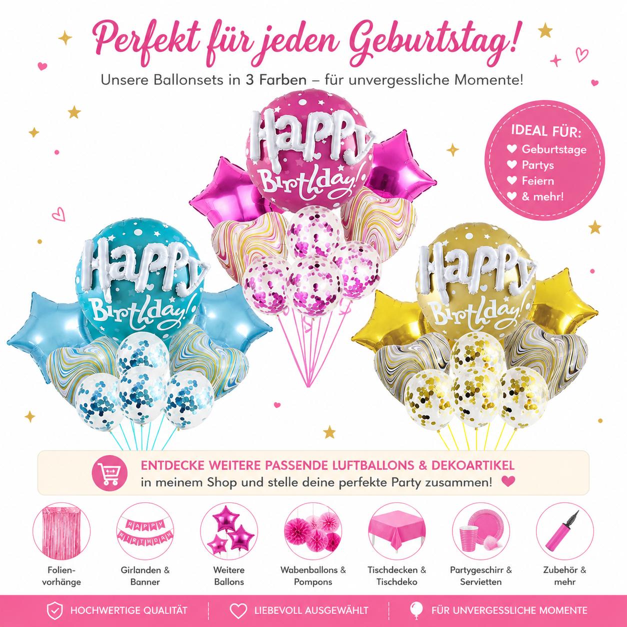 3-D Happy Birthday Luftballon Set Geburtstag Deko Folienballon & Konfetti Ballon