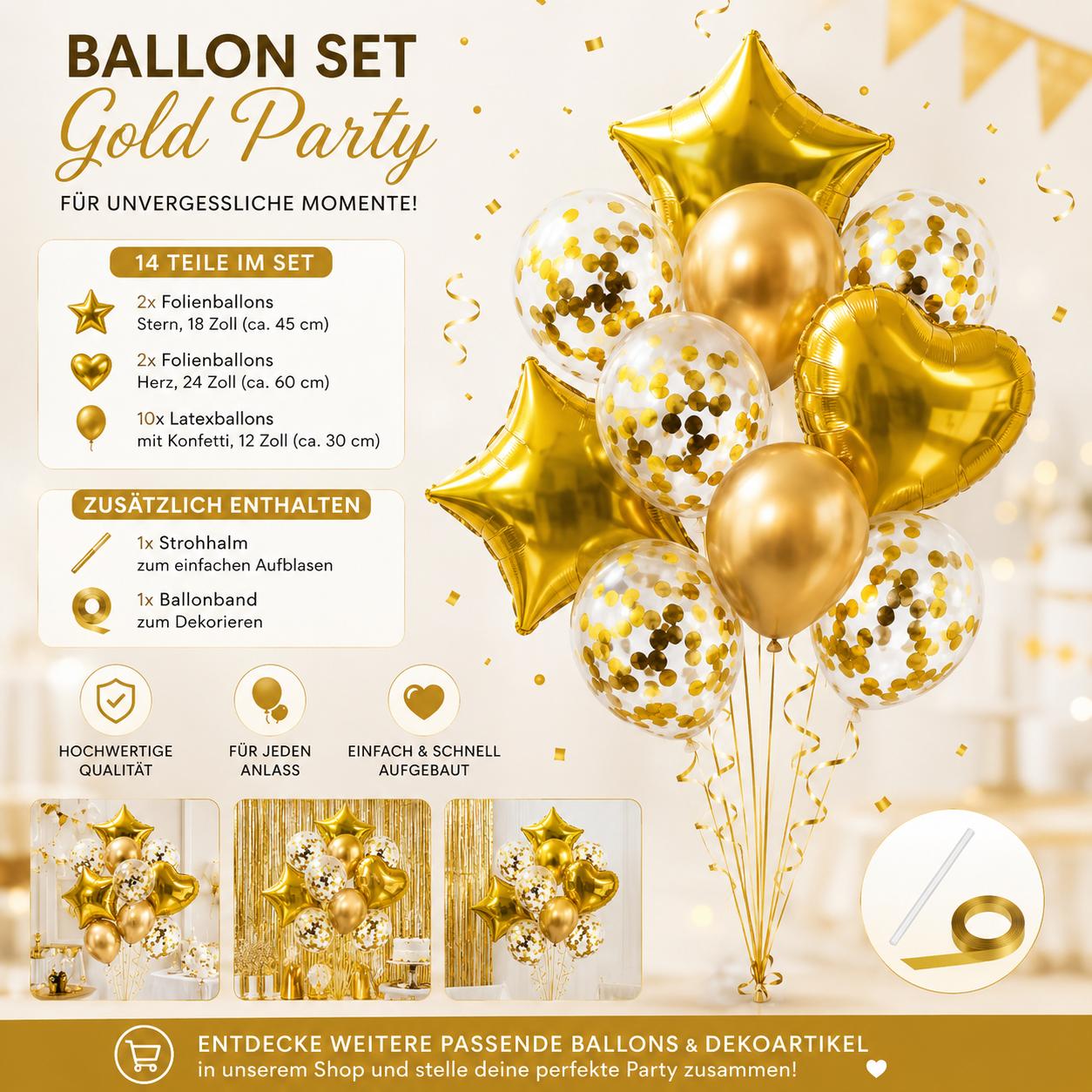 Party Ballon Set 14 Teilig Herz & Sternballons Konfetti Geburtstag Luftballons