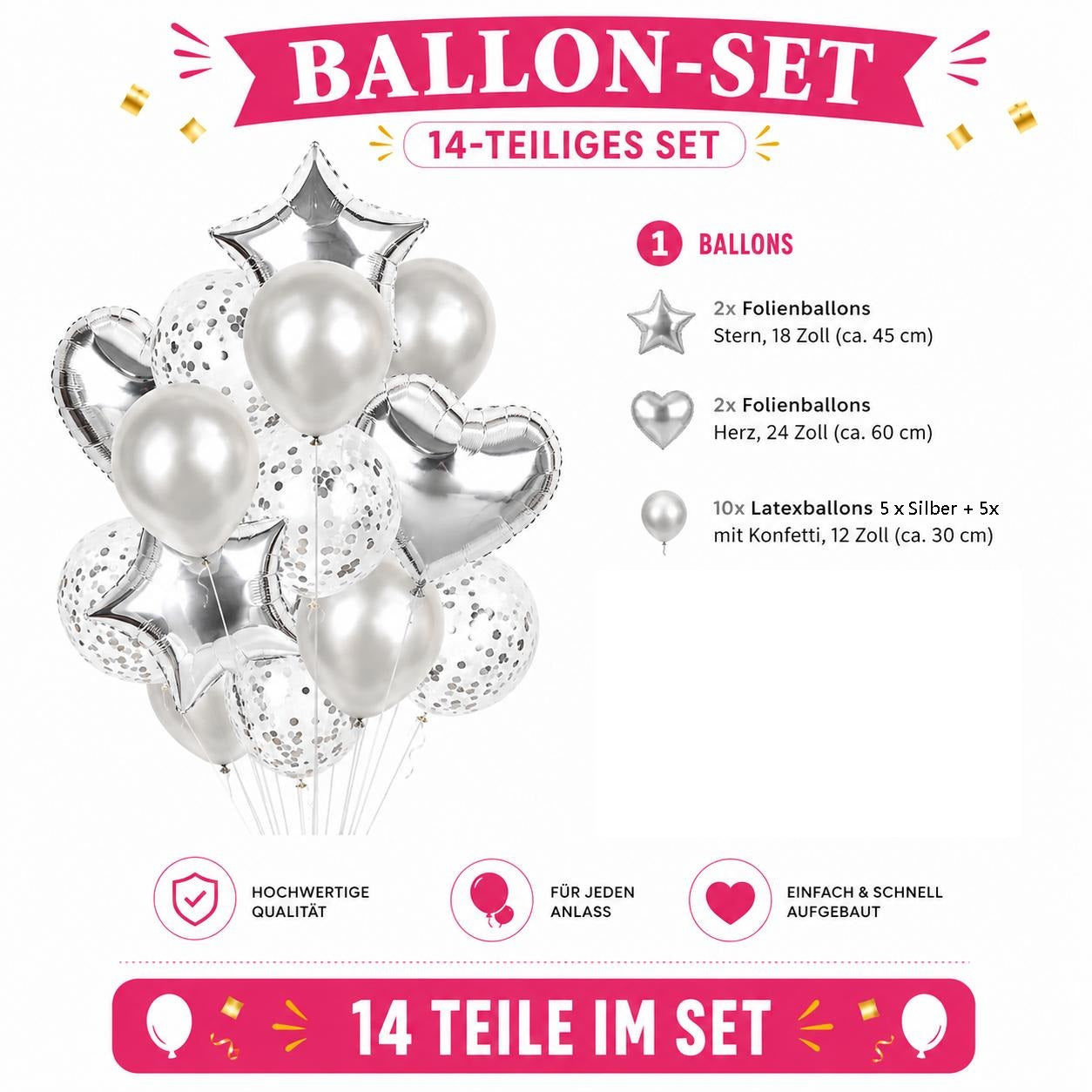 Luftballon Set 14 Teilig Herz Stern Ballons Geburtstag Deko Konfetti Luftballons