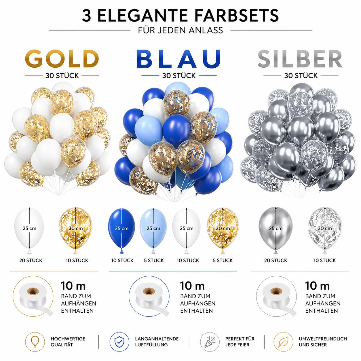 Luftballon Set 30 Stück Konfetti Ballons Gold Silber Blau Party Deko Geburtstag