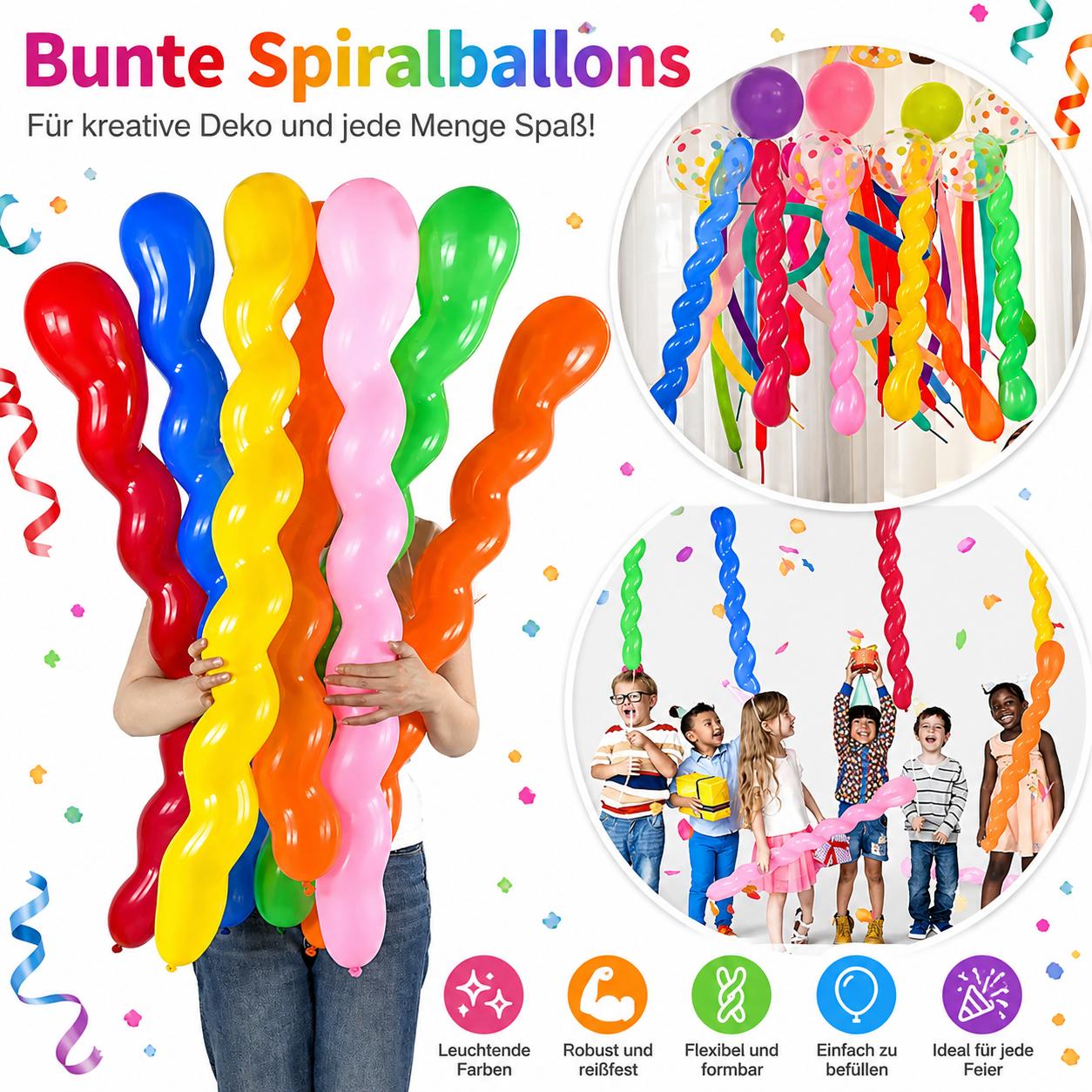 100x Spiral Luftballons Bunt XXL bis 115cm Party Deko Kindergeburtstag Ballons