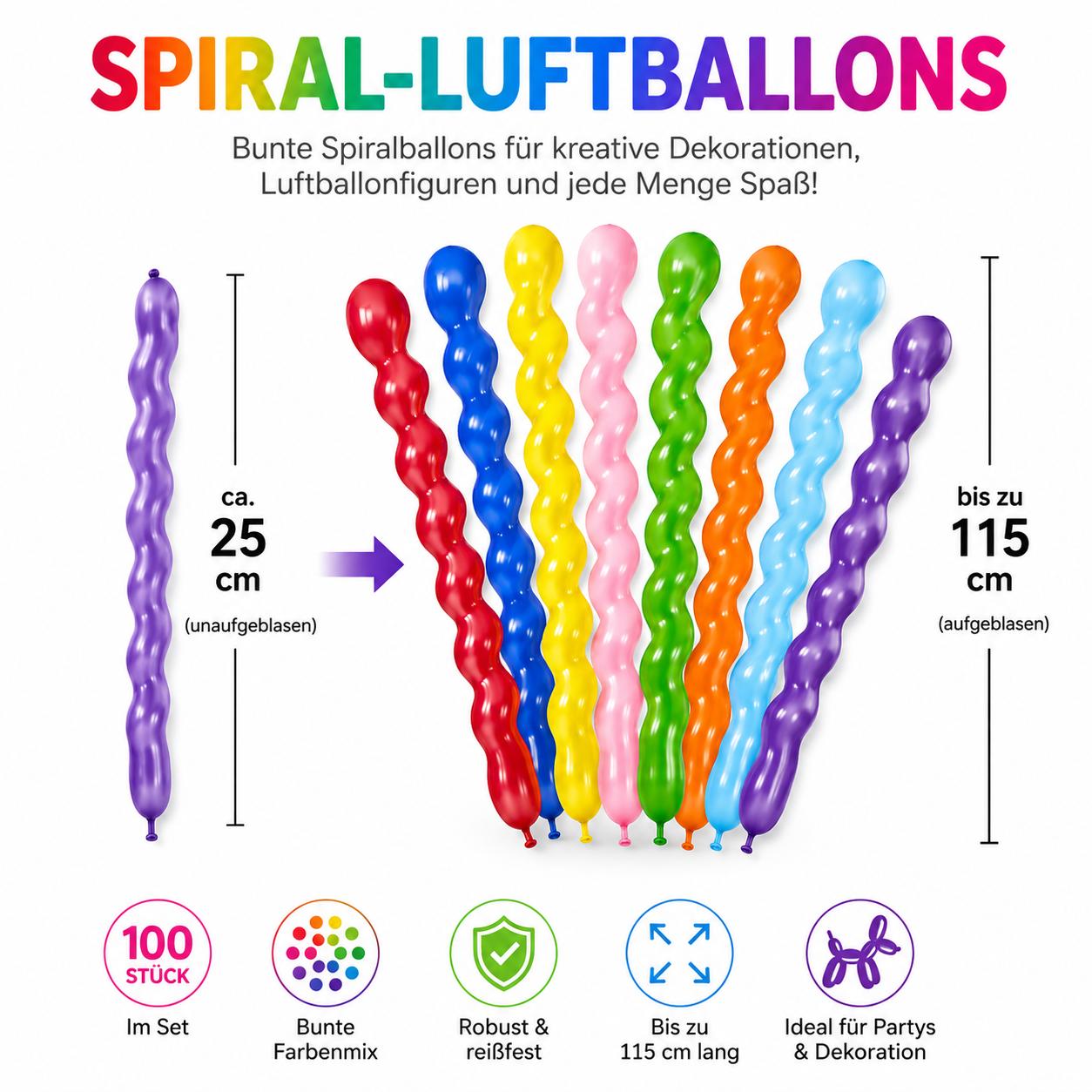 100x Spiral Luftballons Bunt XXL bis 115cm Party Deko Kindergeburtstag Ballons