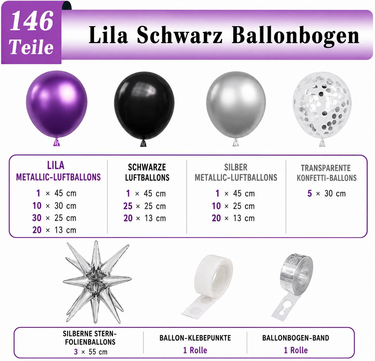 XXL Ballonbogen Set Lila Schwarz Silber 146 Teile Geburtstag Party Dekoration