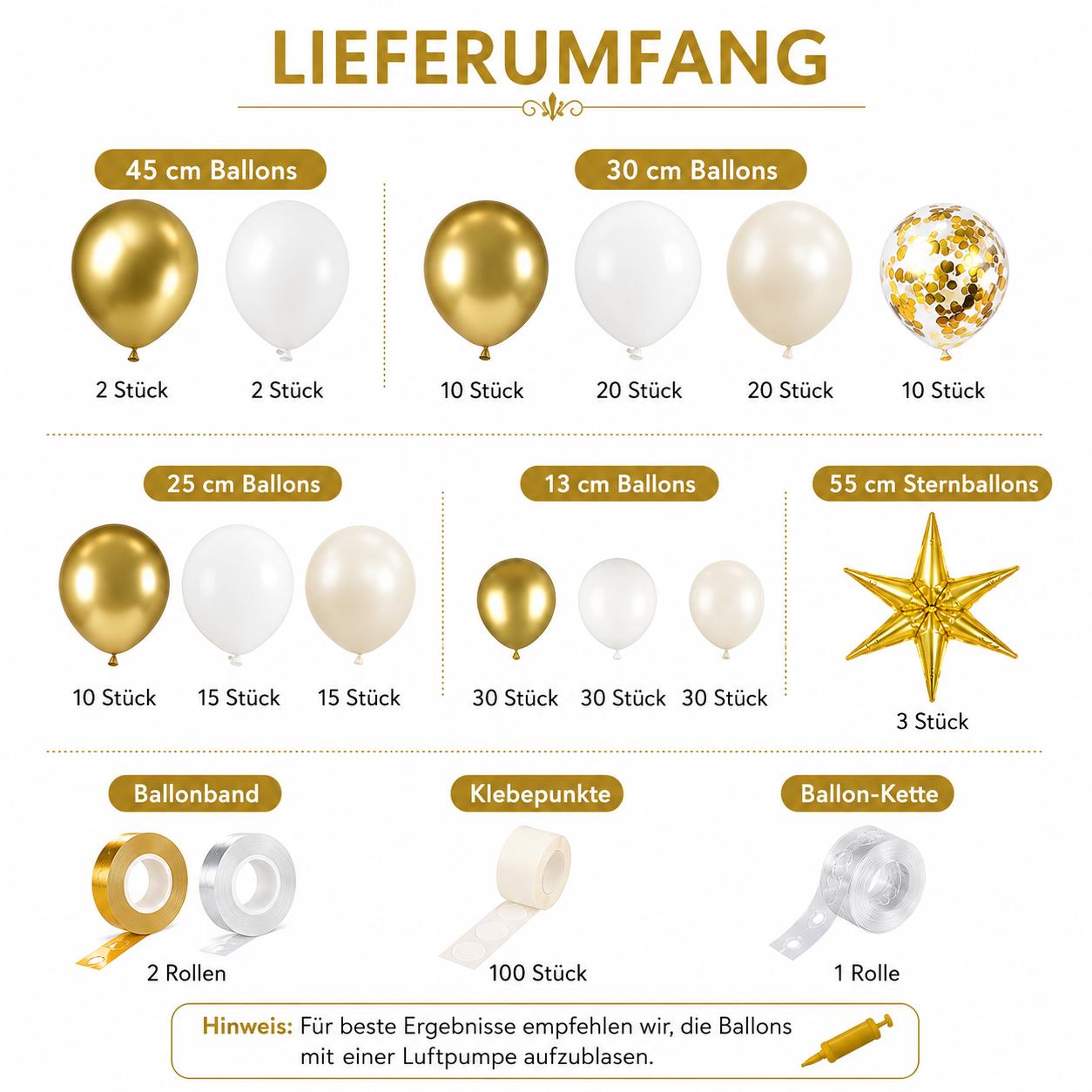 XXL Ballonbogen Gold Weiß Creme mit Sternballons Party Dekoration Geburtstag &co