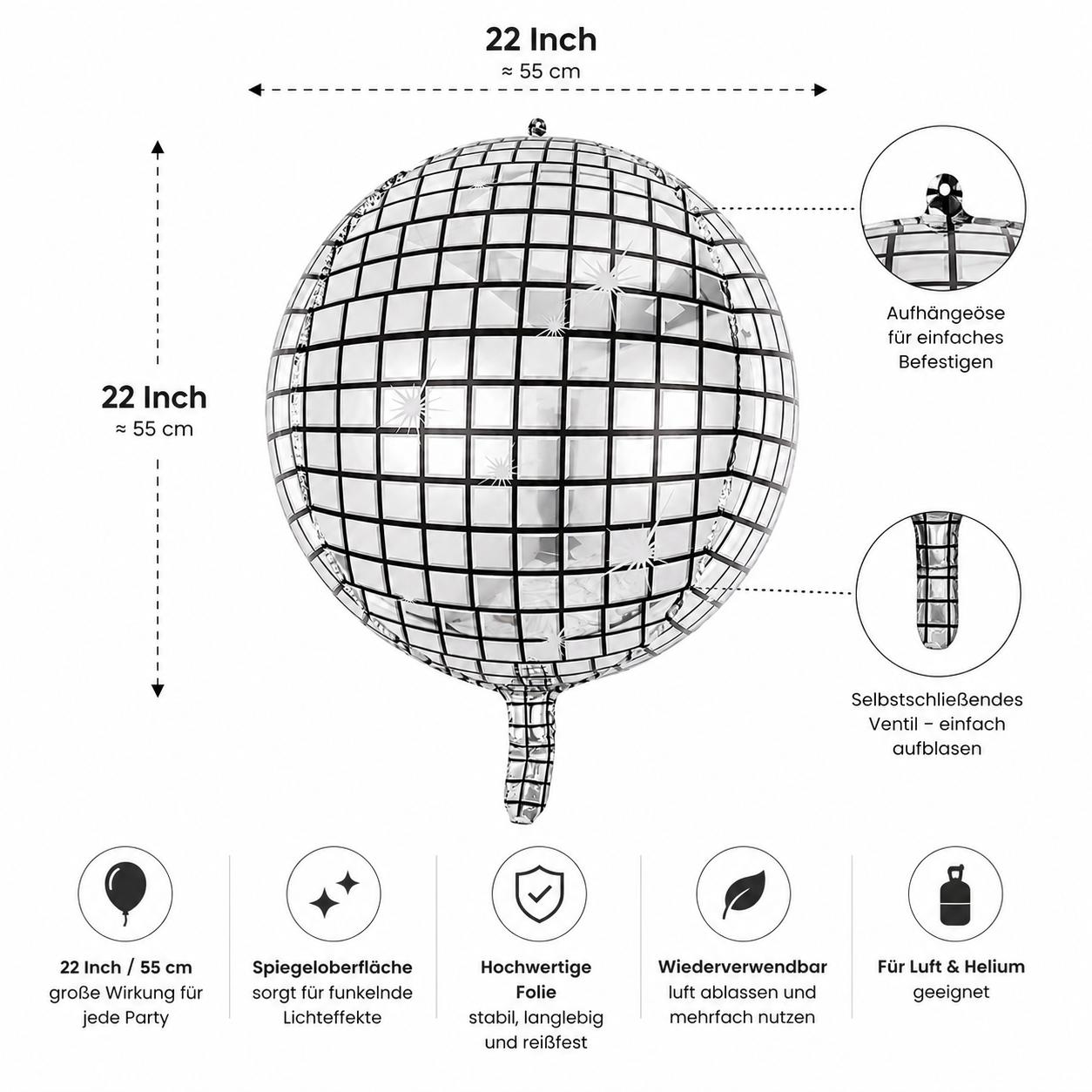 Disco Kugel Folienballon 55cm Silber Gold Bunt Spiegelball Party Feier Deko