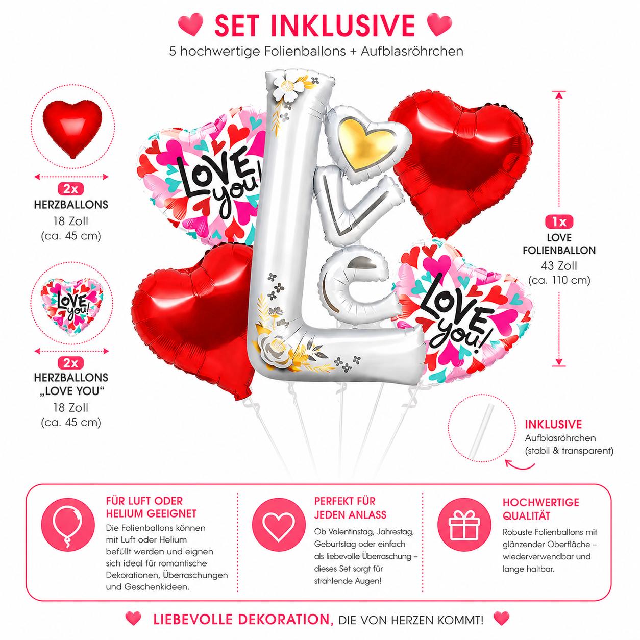 XXL Love You Ballons Herzballon Set Hochzeit Jahrestag Verlobung Herz Luftballon