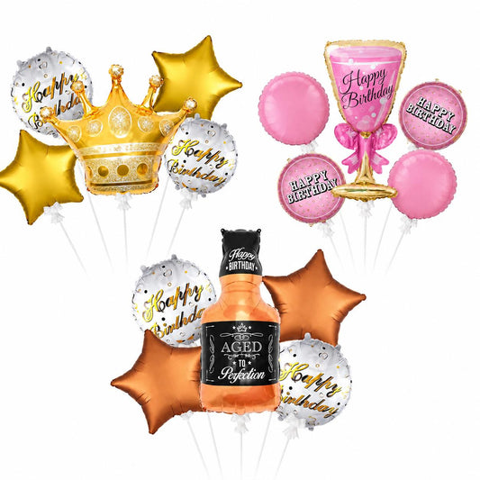 Happy Birthday Ballons Geburtstag Deko Set Flasche Krone Glas Helium Luftballons
