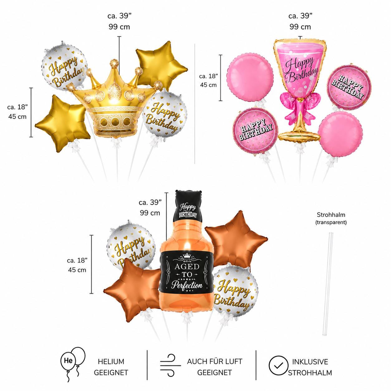 Happy Birthday Ballons Geburtstag Deko Set Flasche Krone Glas Helium Luftballons