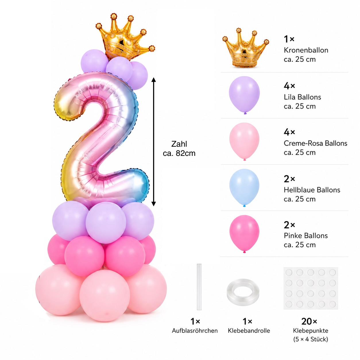 Zahlenballon Set mit Krone Mädchen Geburtstags Deko Luftballons Rosa / Pink