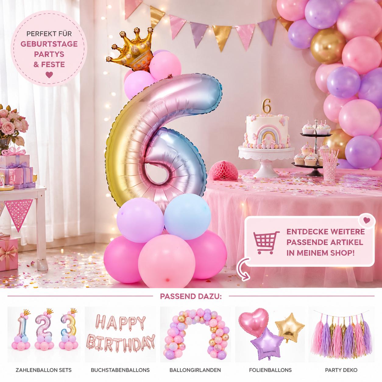 Zahlenballon Set mit Krone Mädchen Geburtstags Deko Luftballons Rosa / Pink