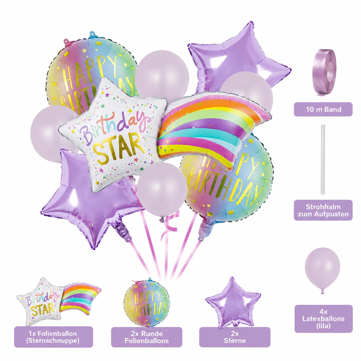 Geburtstagsballon Set Sternschnuppe Regenbogen Lila Happy Birthday Deko Ballons