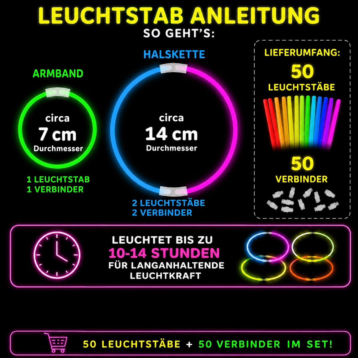 50 Leuchtstäbe Set Glow Sticks Neon Party Armbänder Halsketten Knicklichter