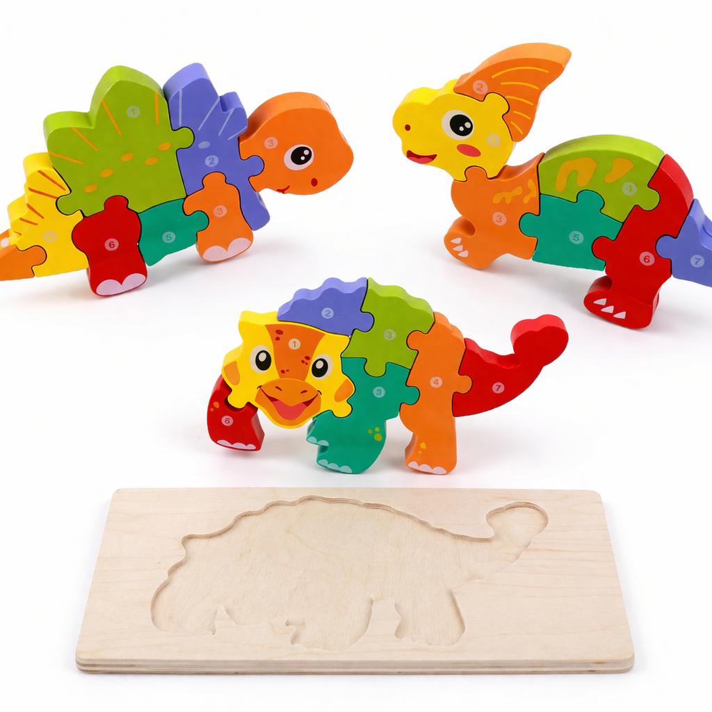 Holz Puzzle Dinosaurier Set Kinder Lernspielzeug Dino 3D Steckpuzzle Montessori