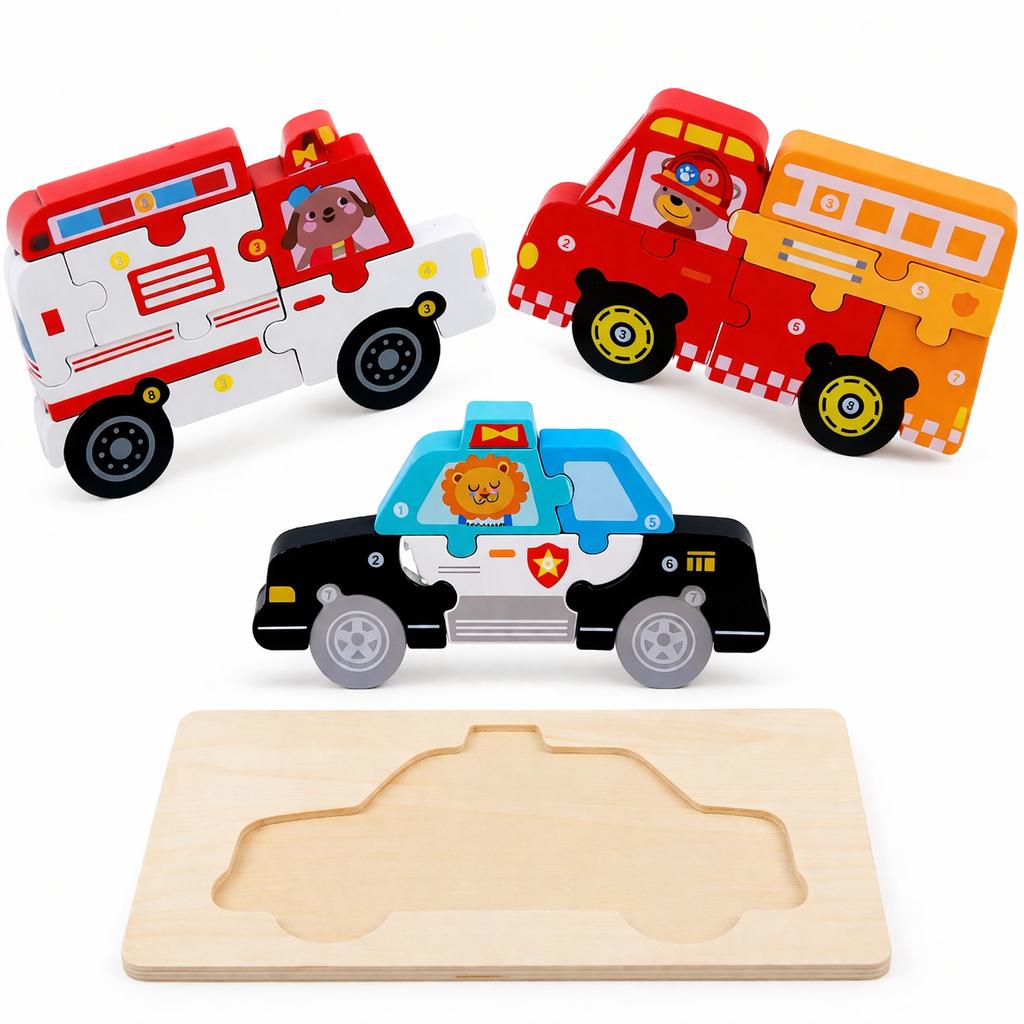 Holz Puzzle Set Kinder Lernspielzeug Einsatzfahrzeug Steckpuzzle Montessori