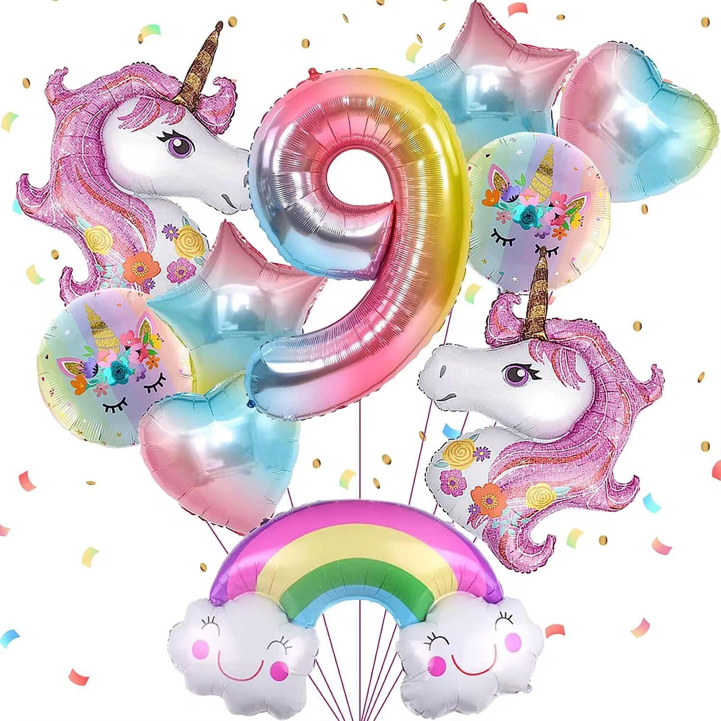 Einhorn Ballon Set Zahl 1-9 Geburtstag Deko Regenbogen, Herz & Stern Ballons