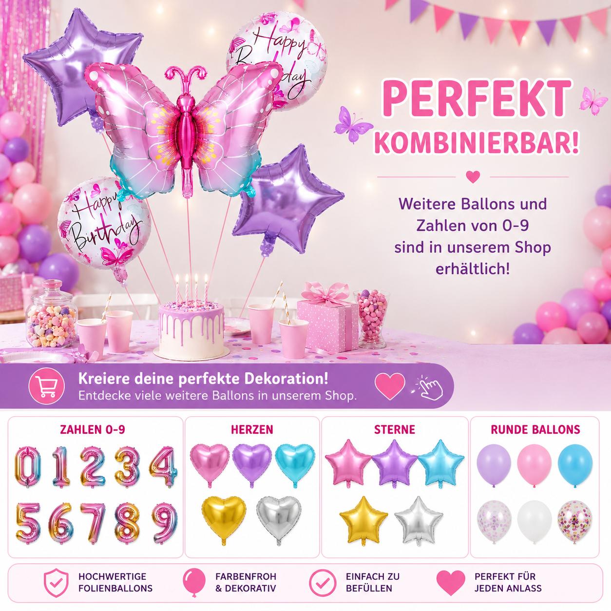 Schmetterling Folienballon Set Happy Birthday Kinder Geburtstag Deko Luft&Helium